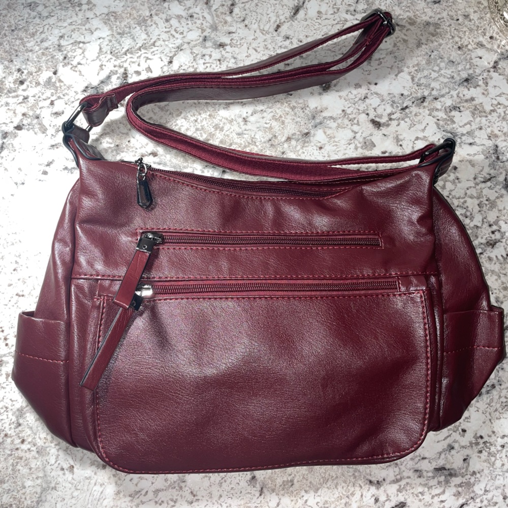 Artwell Fashion Crossbody Shoulder Bag Pu Leather Multi Pocket Hobo Burgundy